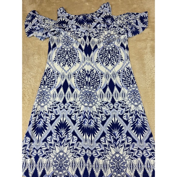 MSK Womens Blue White Geometric Medallion Cold Shoulder Shift Dress Large L - Picture 10 of 11